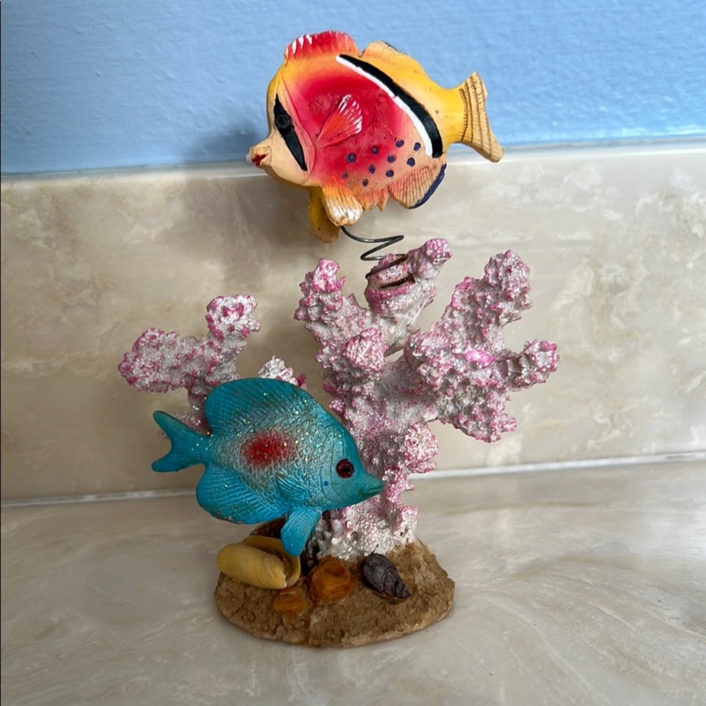 Vtg Blue & Red/Yellow Fish on Pink Sparkly Coral Used as Aquarium Ornament